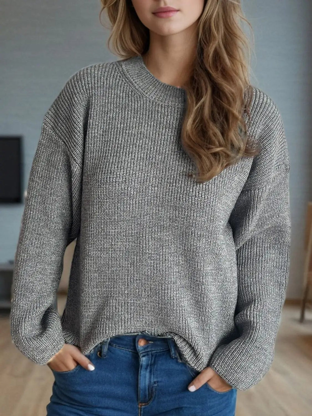 Solid Color Round Neck Long Sleeve Sweater - Trendsi