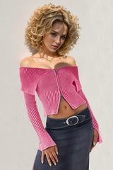 Double Take Ribbed Off-Shoulder Zip Up Long Sleeve Cardigan - Trendsi - Flyclothing LLC