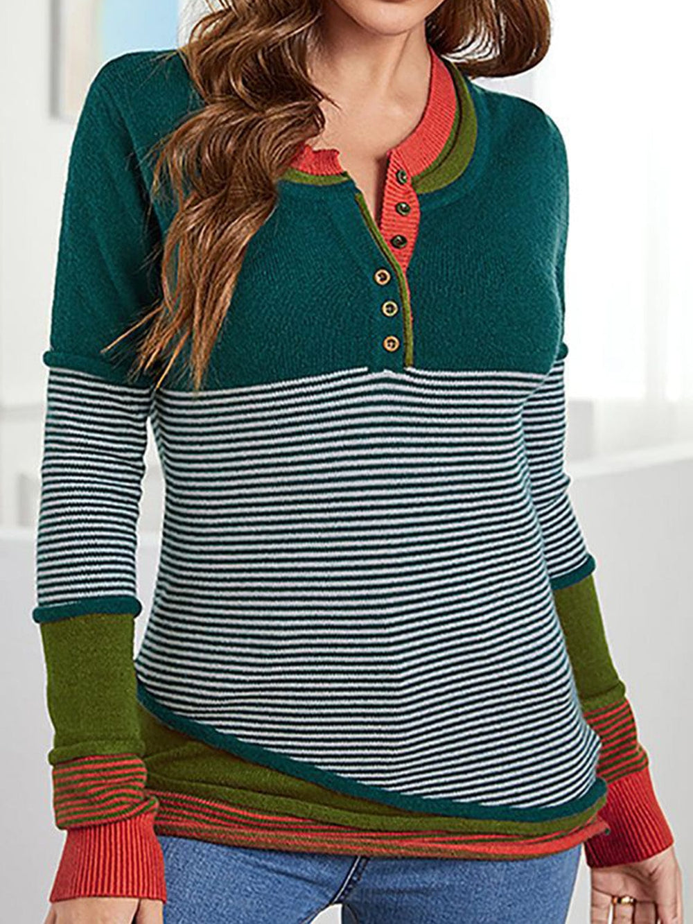Striped Contrast Notched Long Sleeve Sweater - Trendsi