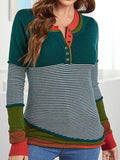 Striped Contrast Notched Long Sleeve Sweater - Trendsi