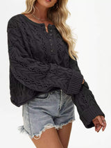 Chic Cable Knit Half-Button Openwork Sweater - Trendsi - Flyclothing LLC