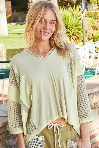 POL High-Low Contrast V-Neck Top - Trendsi