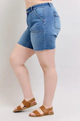 Judy Blue Full Size Mid Rise Bermudas Denim Shorts W/ Back Flap Pockets Plus Size - Trendsi - Flyclothing LLC
