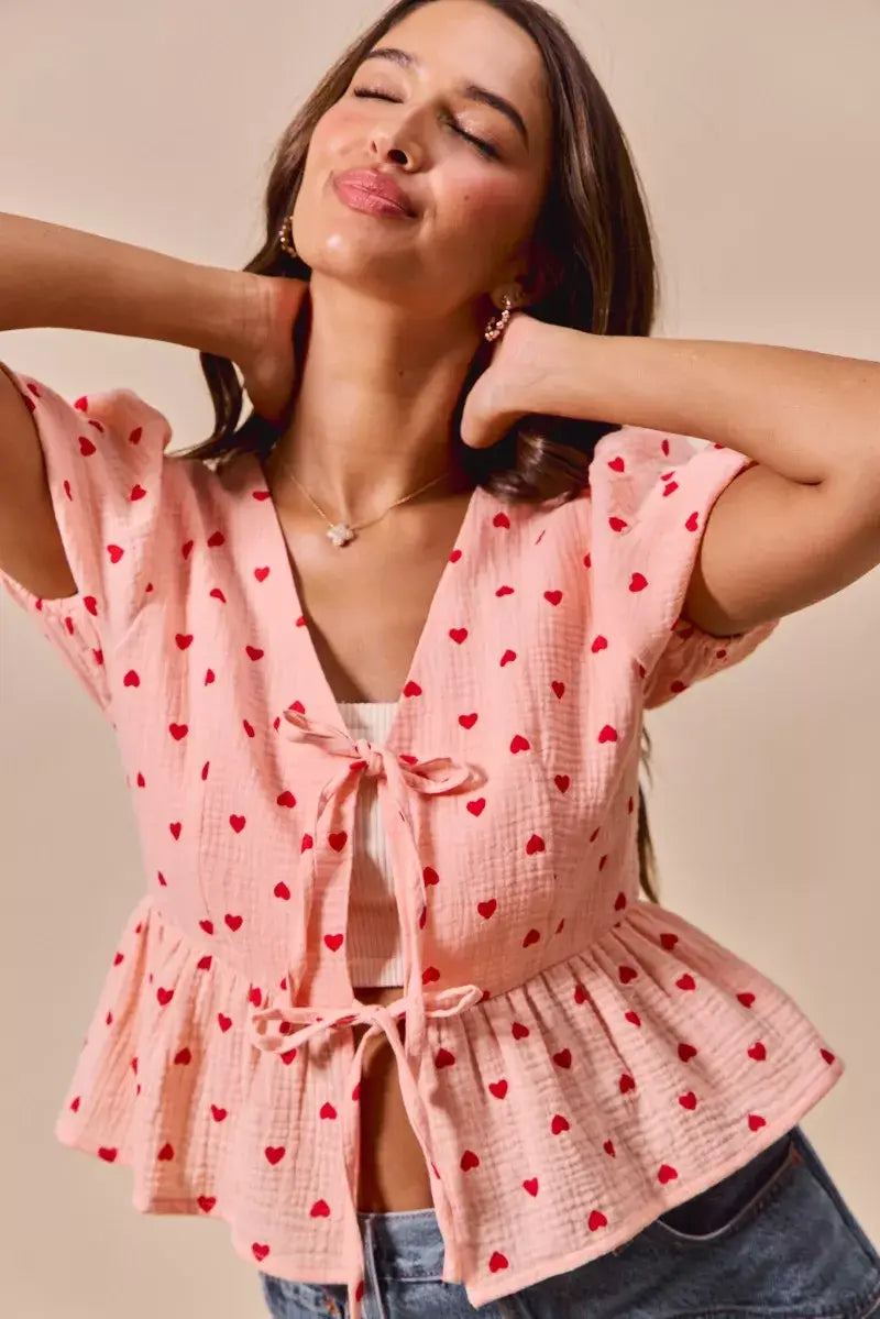 SO ME All Over Heart Ribbon Tie Baby Doll Valentine Blouse - Trendsi - Flyclothing LLC