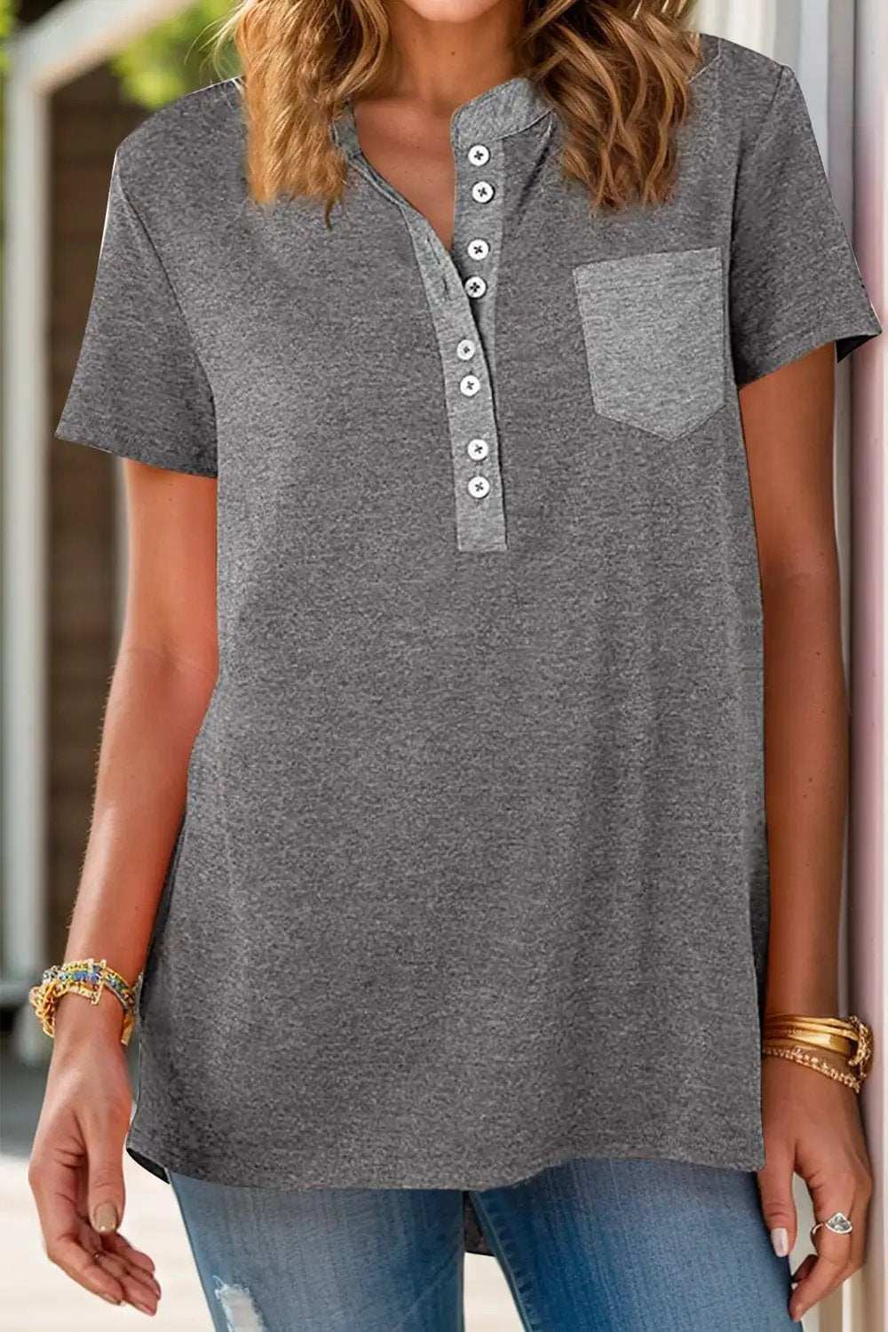 Full Size Half Button Short Sleeve T-Shirt - Trendsi - Flyclothing LLC