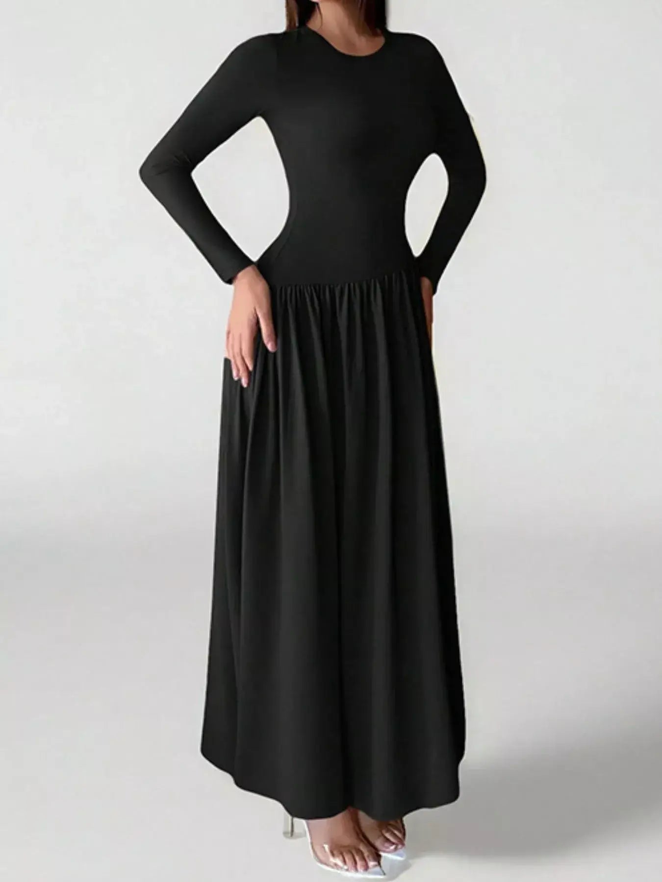 Long Sleeve Ruched A-Line Maxi Dress - Trendsi - Flyclothing LLC