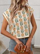Flower Round Neck Short Sleeve Knit Top - Trendsi - Flyclothing LLC