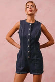 SO ME Button Up Front Washed Denim Sleeveless Romper - Trendsi - Flyclothing LLC