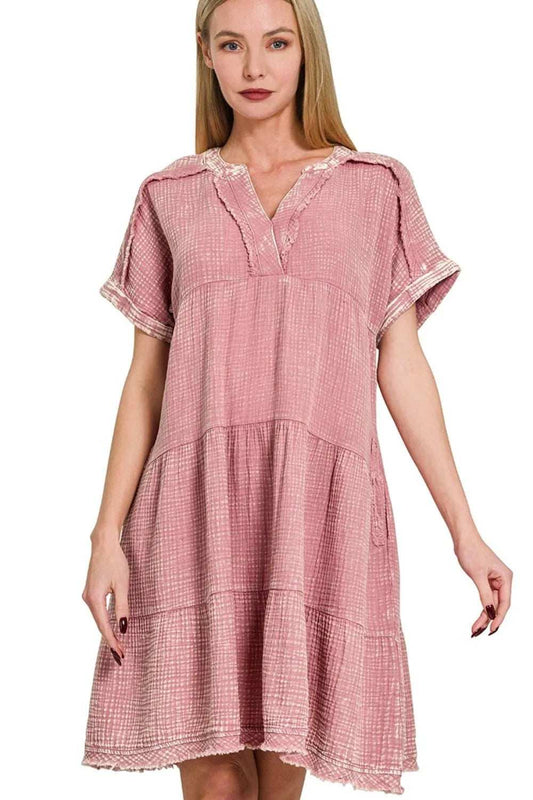 Zenana Washed Double Gauze Raw Edge V-Neck Dress - Trendsi - Flyclothing LLC