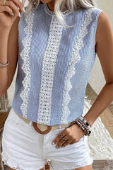 Stripe Lace Patchwork Crew Neck Sleeveless Top - Trendsi - Flyclothing LLC
