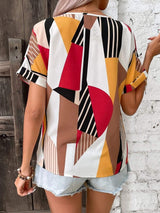 Printed V-Neck Short Sleeve Blouse - Trendsi - Flyclothing LLC