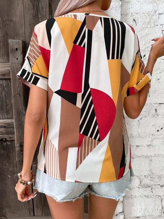 Printed V-Neck Short Sleeve Blouse - Trendsi - Flyclothing LLC