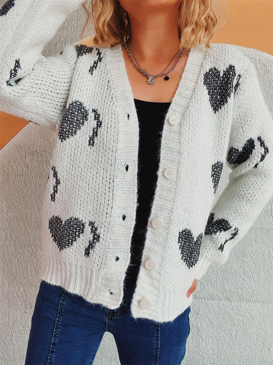 Heart Button Up Long Sleeve Cardigan - Trendsi