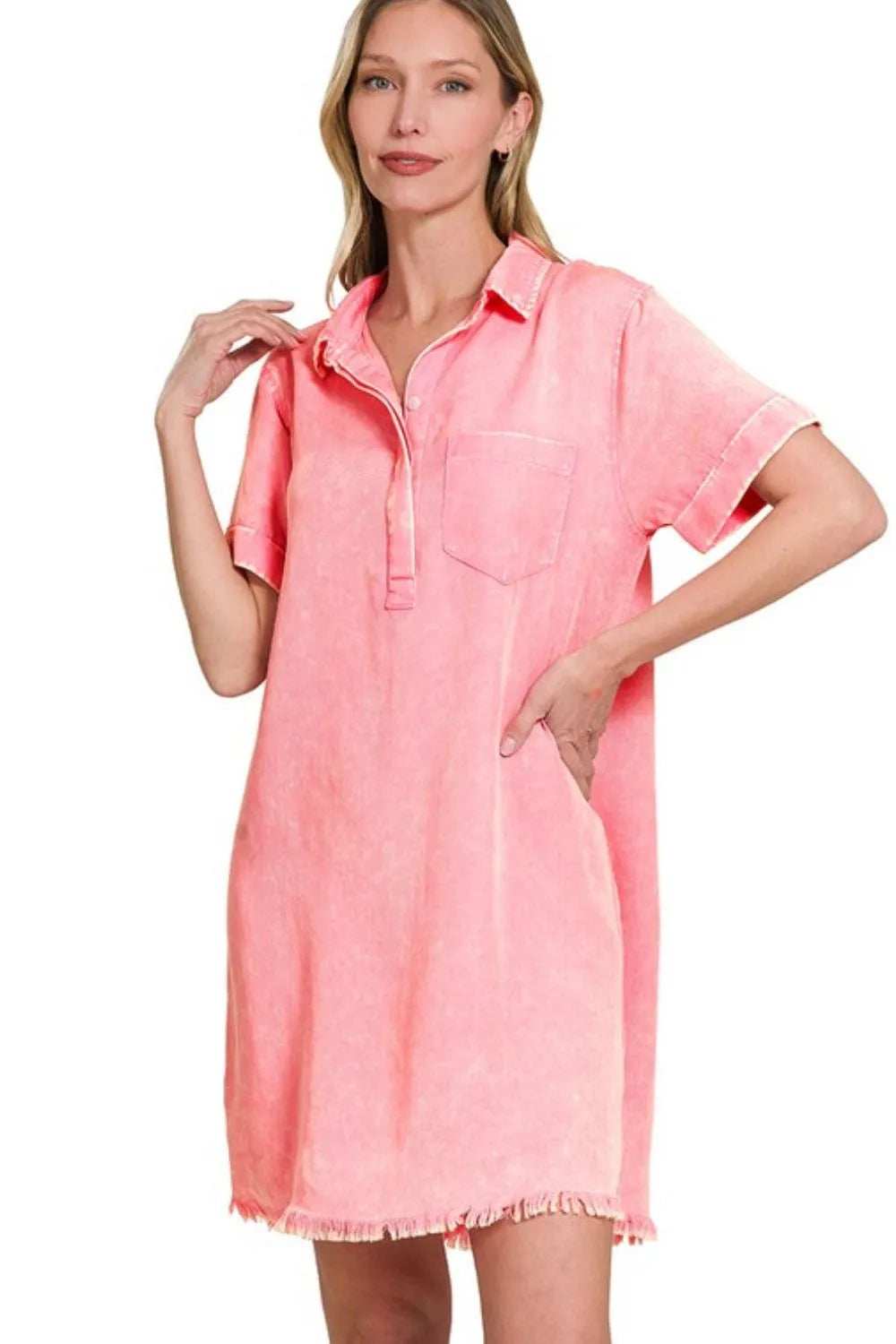 Zenana Tencel Mineral Washed Collared Shirts Dress - Trendsi - Flyclothing LLC