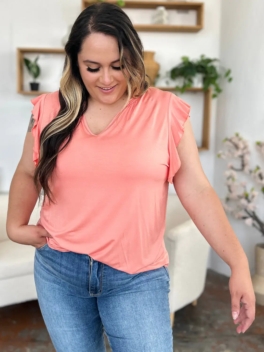 Basic Bae Full Size Bamboo Notched Ruffled Short Sleeve T-Shirt - ShopBasicbae - Flyclothing LLC