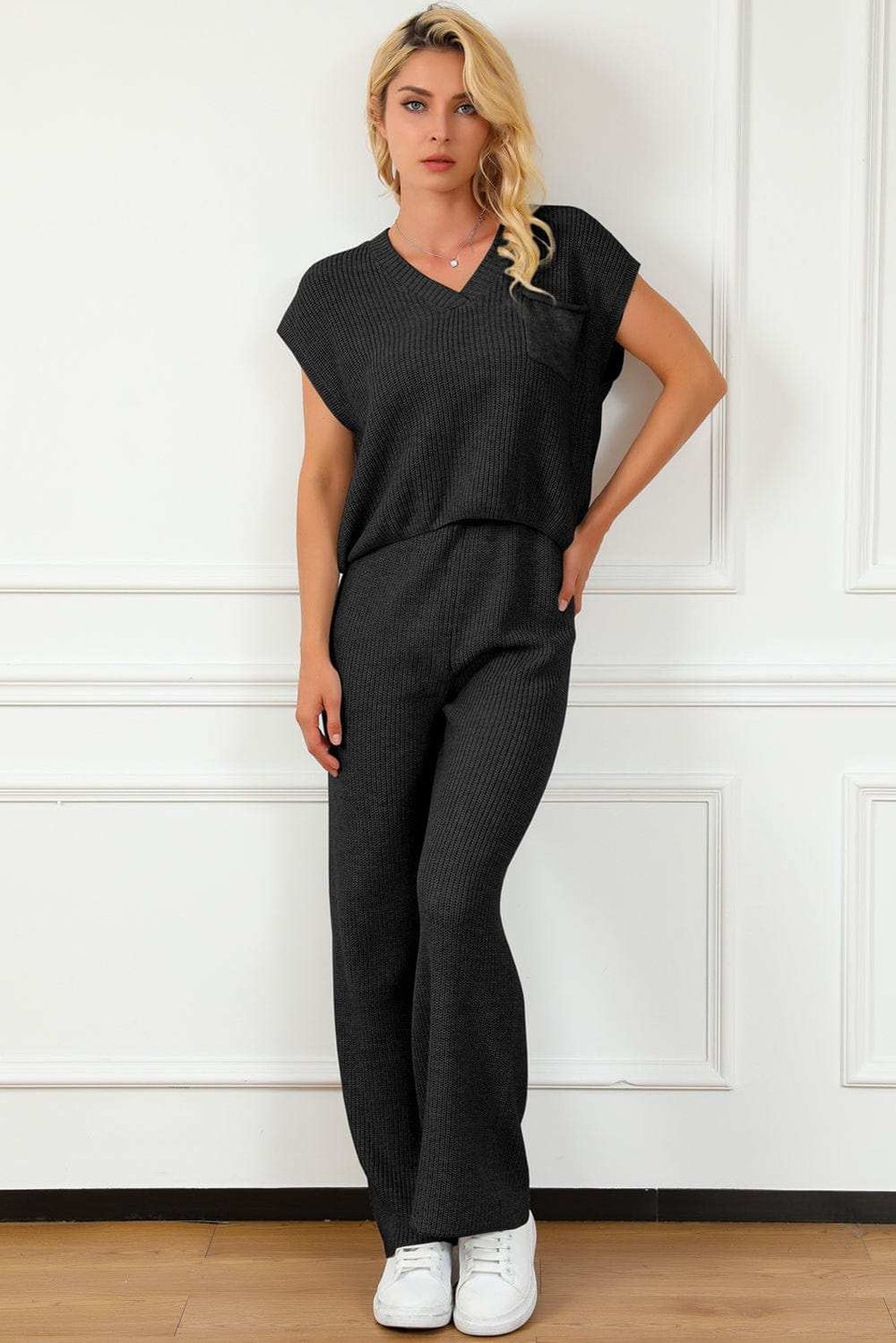 Pocketed V-Neck Top and Wide Leg Sweater Set - Trendsi - Flyclothing LLC