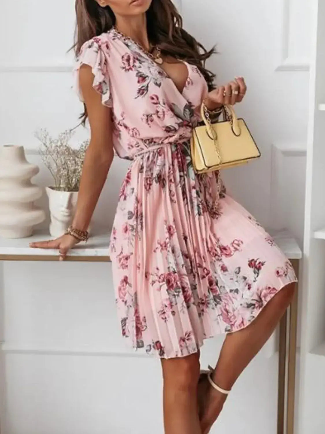 Floral Surplice Ruffled Cap Sleeve Dress - Trendsi - Flyclothing LLC