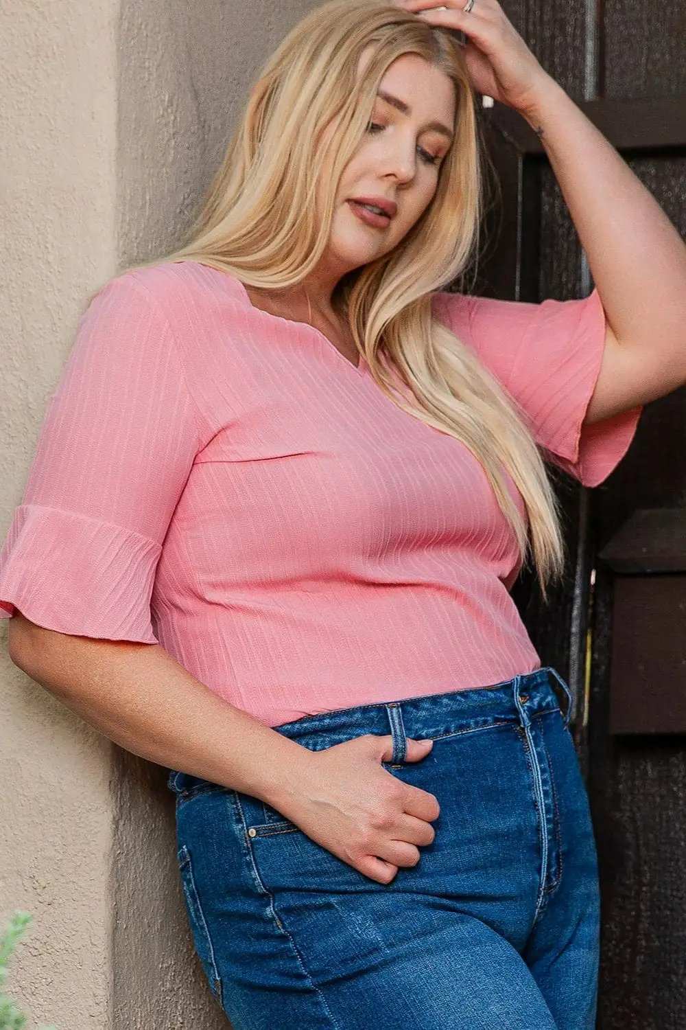 Plus Size V-Neck Half Sleeve Blouse - Trendsi - Flyclothing LLC