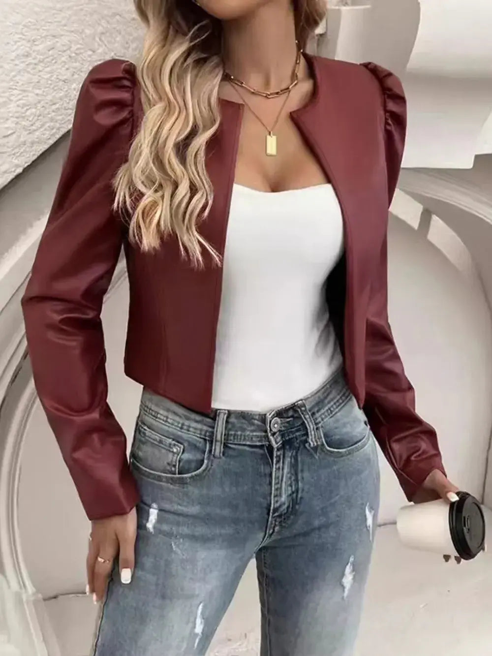PU Leather Open Front Puff Sleeve Jacket - Trendsi - Flyclothing LLC