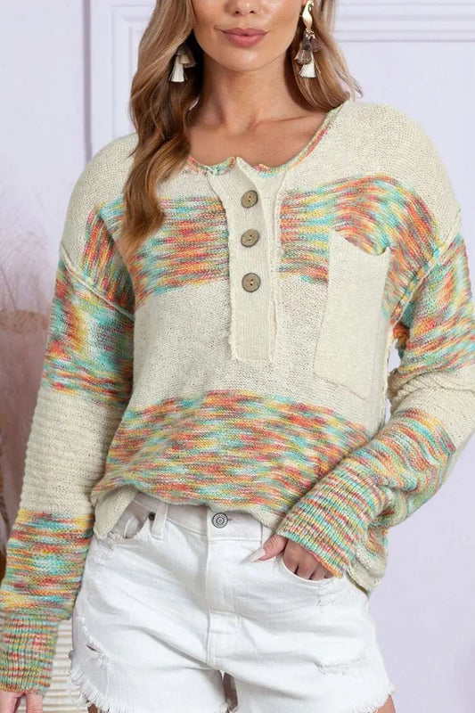 Contrast Half Button Long Sleeve Sweater - Trendsi - Flyclothing LLC