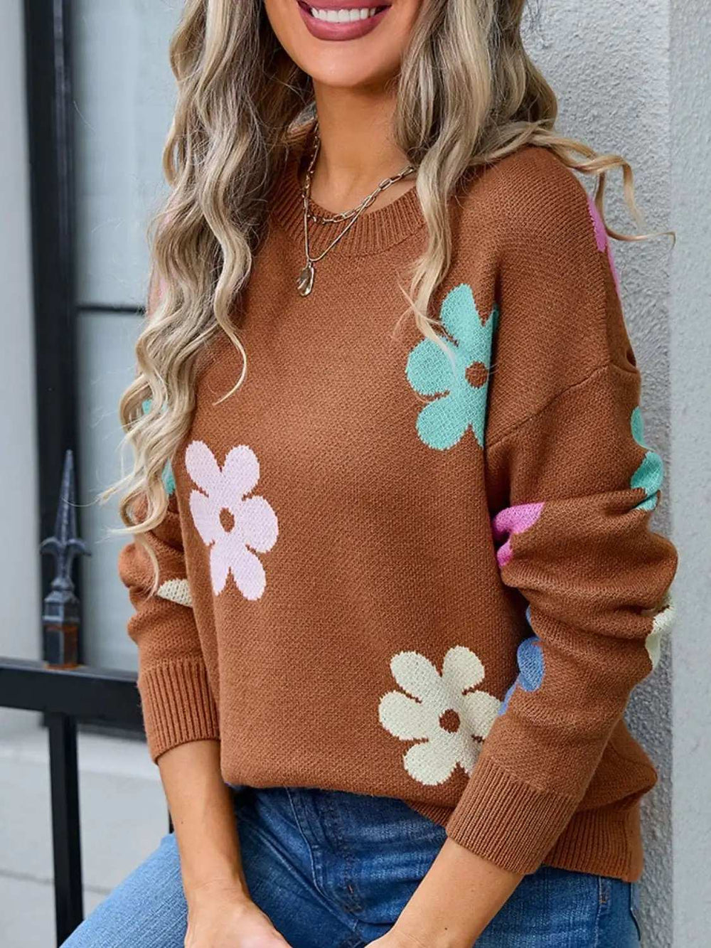 Flower Round Neck Long Sleeve Sweater - Trendsi - Flyclothing LLC