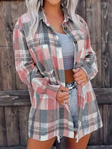 Pocketed Plaid Collared Neck Shacket - Trendsi - Flyclothing LLC