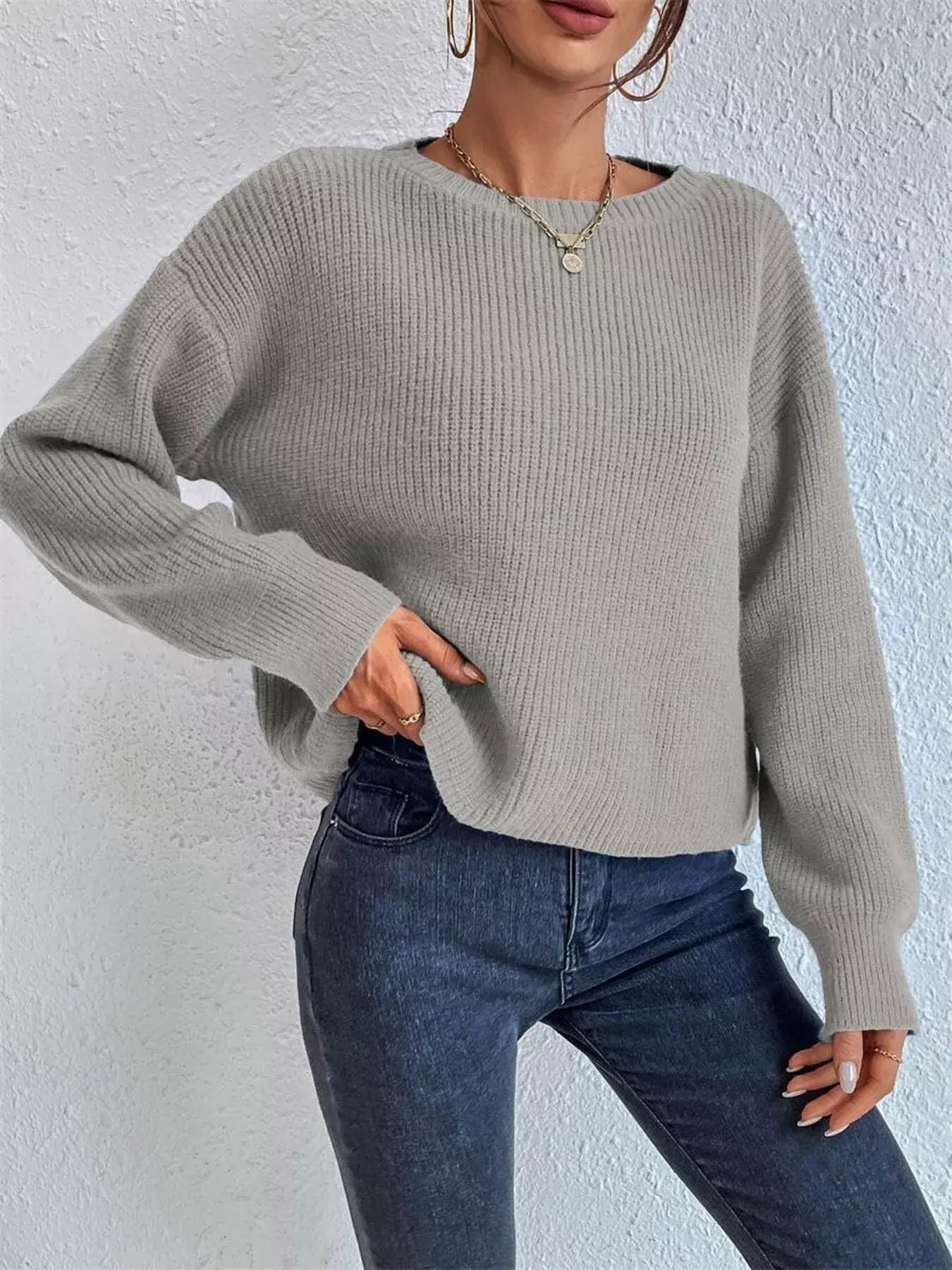 Ribbed Knit Dropped Shoulder Sweater - Trendsi - Flyclothing LLC