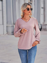 Eyelet V-Neck Flounce Sleeve Blouse - Trendsi - Flyclothing LLC