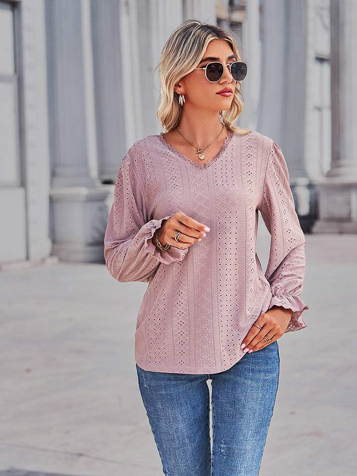 Eyelet V-Neck Flounce Sleeve Blouse - Trendsi - Flyclothing LLC