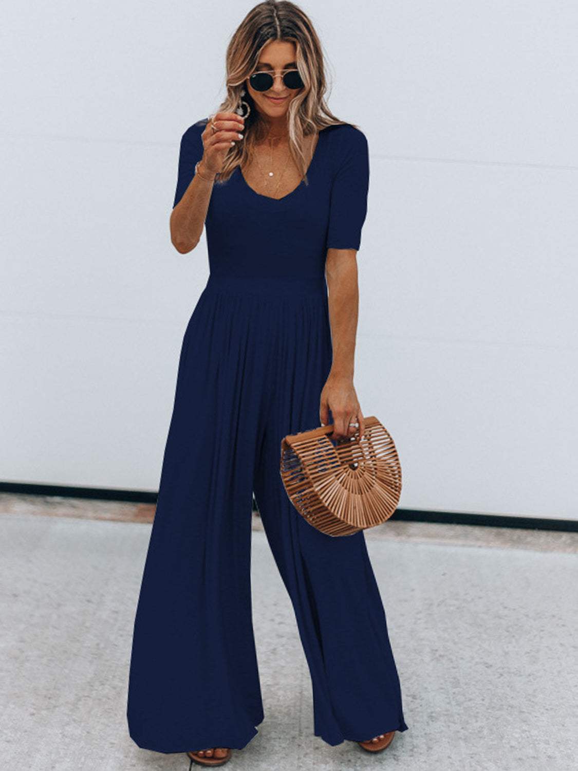 Scoop Neck Short Sleeve Jumpsuit - Trendsi - Flyclothing LLC
