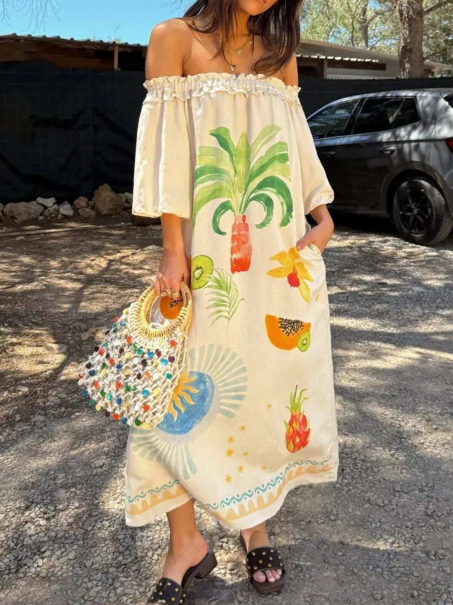 Frill Printed Off-Shoulder Dress - Trendsi