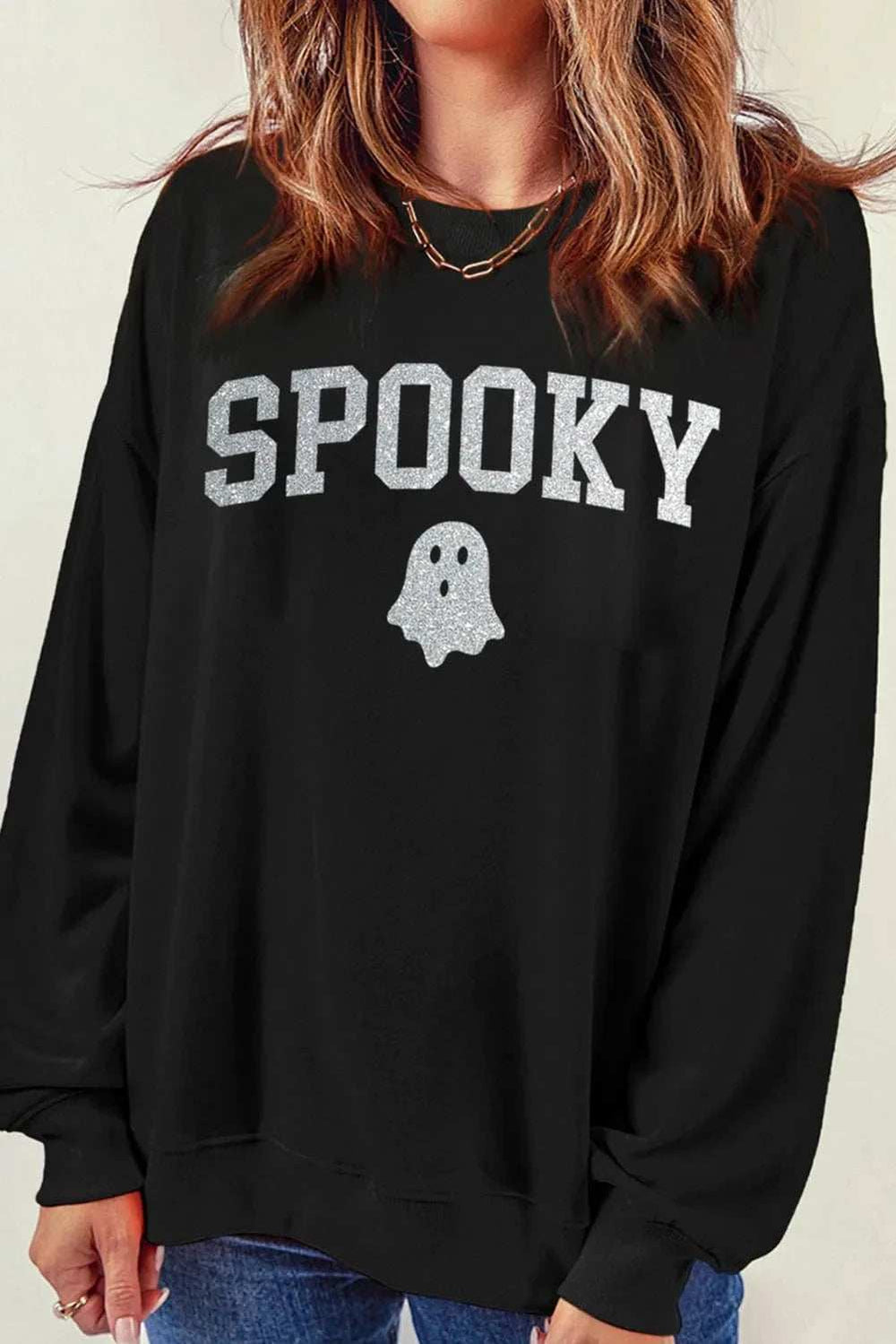 SPOOKY Round Neck Long Sleeve Sweatshirt - Trendsi - Flyclothing LLC