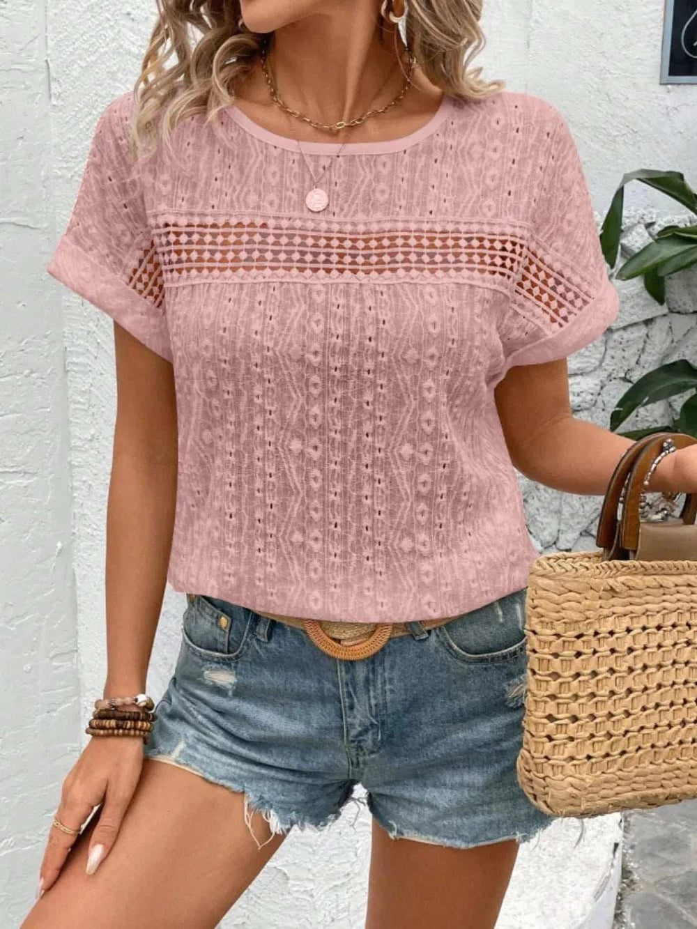 Eyelet Round Neck Short Sleeve Top - Trendsi - Flyclothing LLC