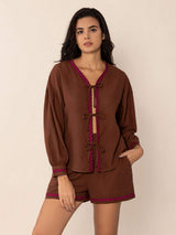 Tied V-Neck Long Sleeve Top and Shorts Set - Trendsi - Flyclothing LLC