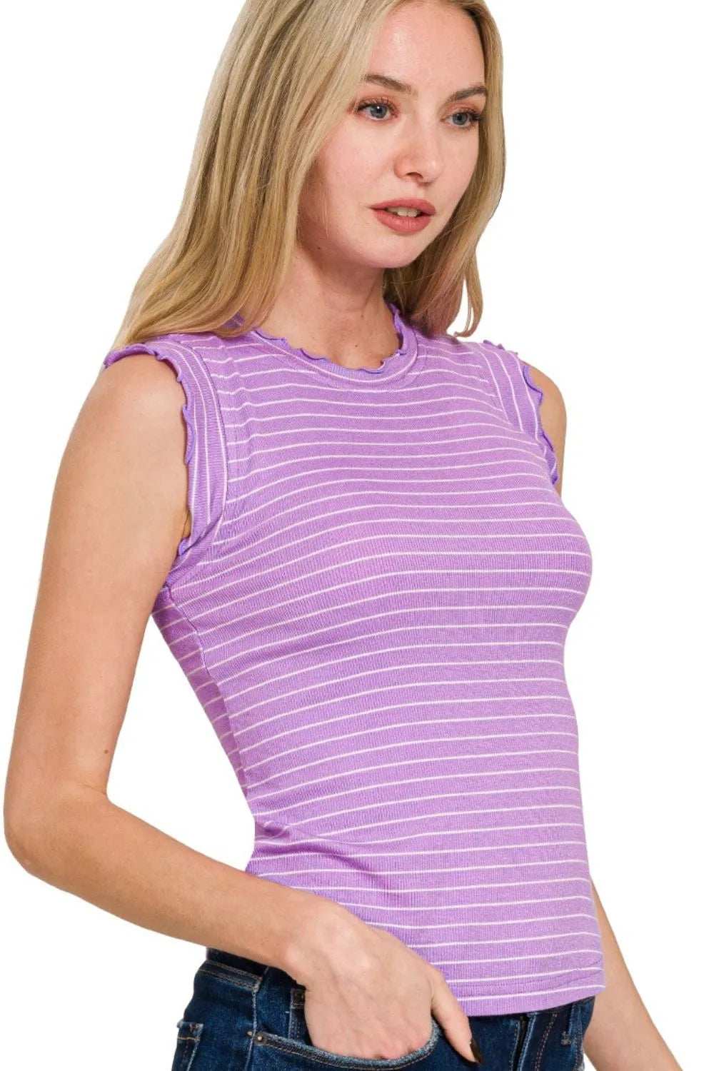 Zenana Ribbed Ruffle Trim Sleeveless Stripe Top - Trendsi - Flyclothing LLC