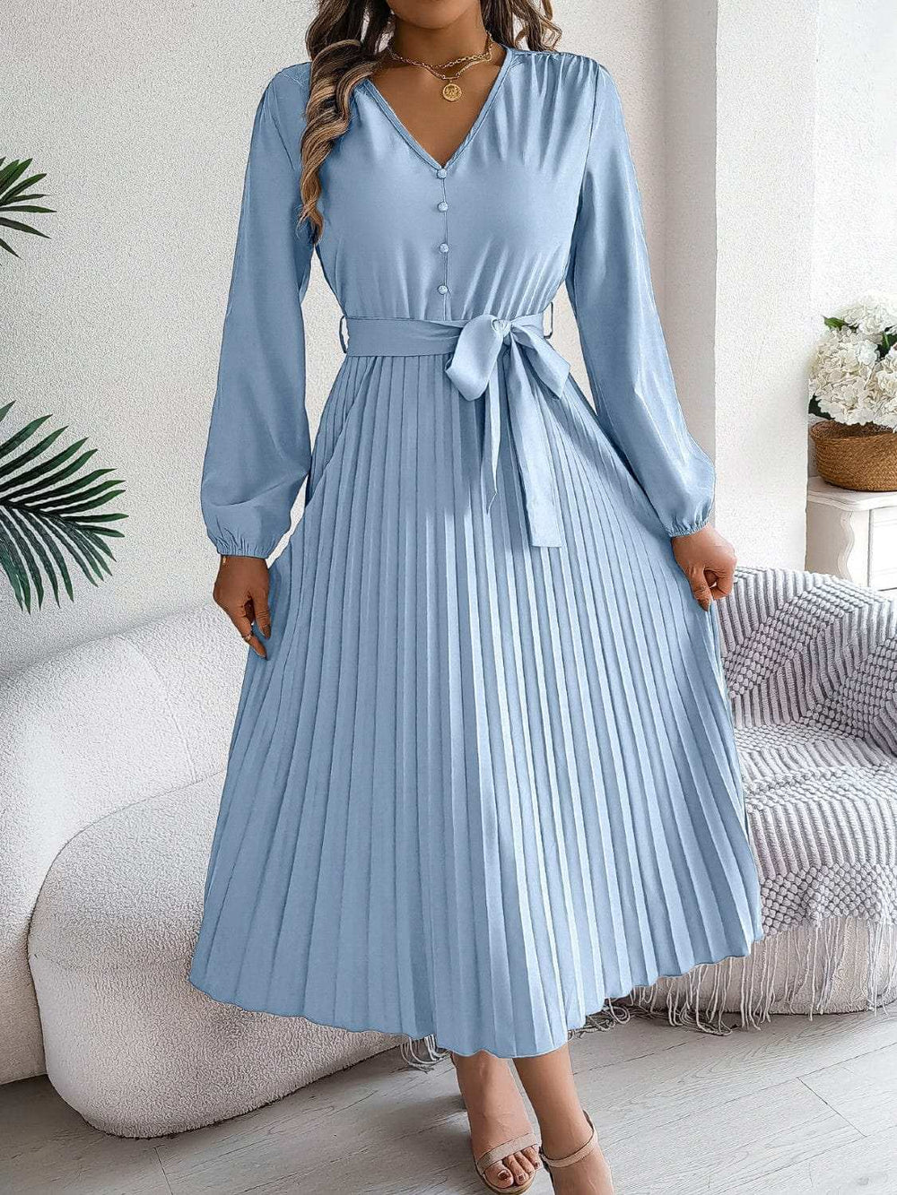 Pleated Tied V-Neck Long Sleeve Dress - Trendsi - Flyclothing LLC