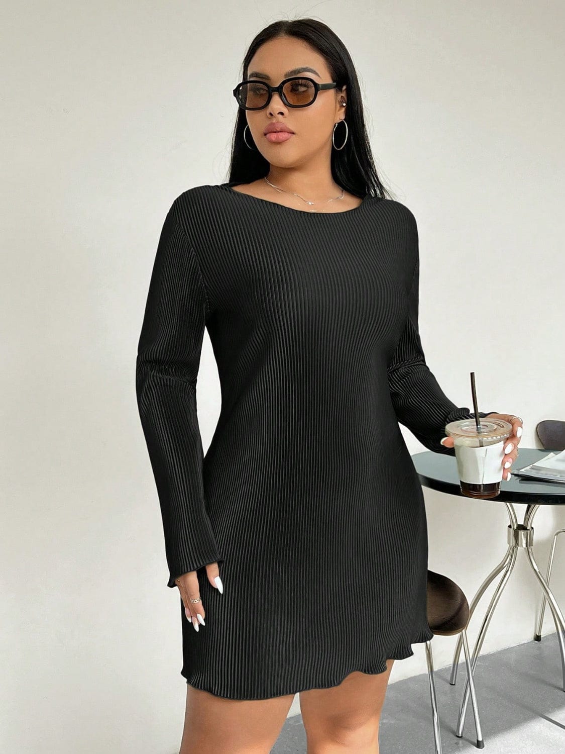 Honey Plus Size Lettuce Hem Round Neck Long Sleeve Dress - Trendsi