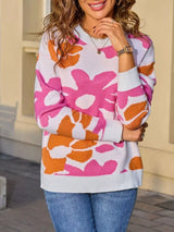 Floral Crew Neck Long Sleeve Sweater - Trendsi - Flyclothing LLC