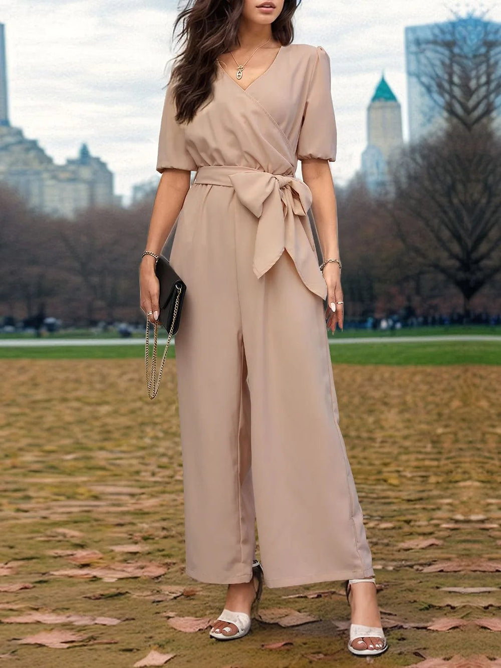 Tied Short Sleeve Wide Leg Jumpsuit - Trendsi