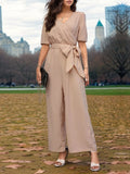 Tied Short Sleeve Wide Leg Jumpsuit - Trendsi