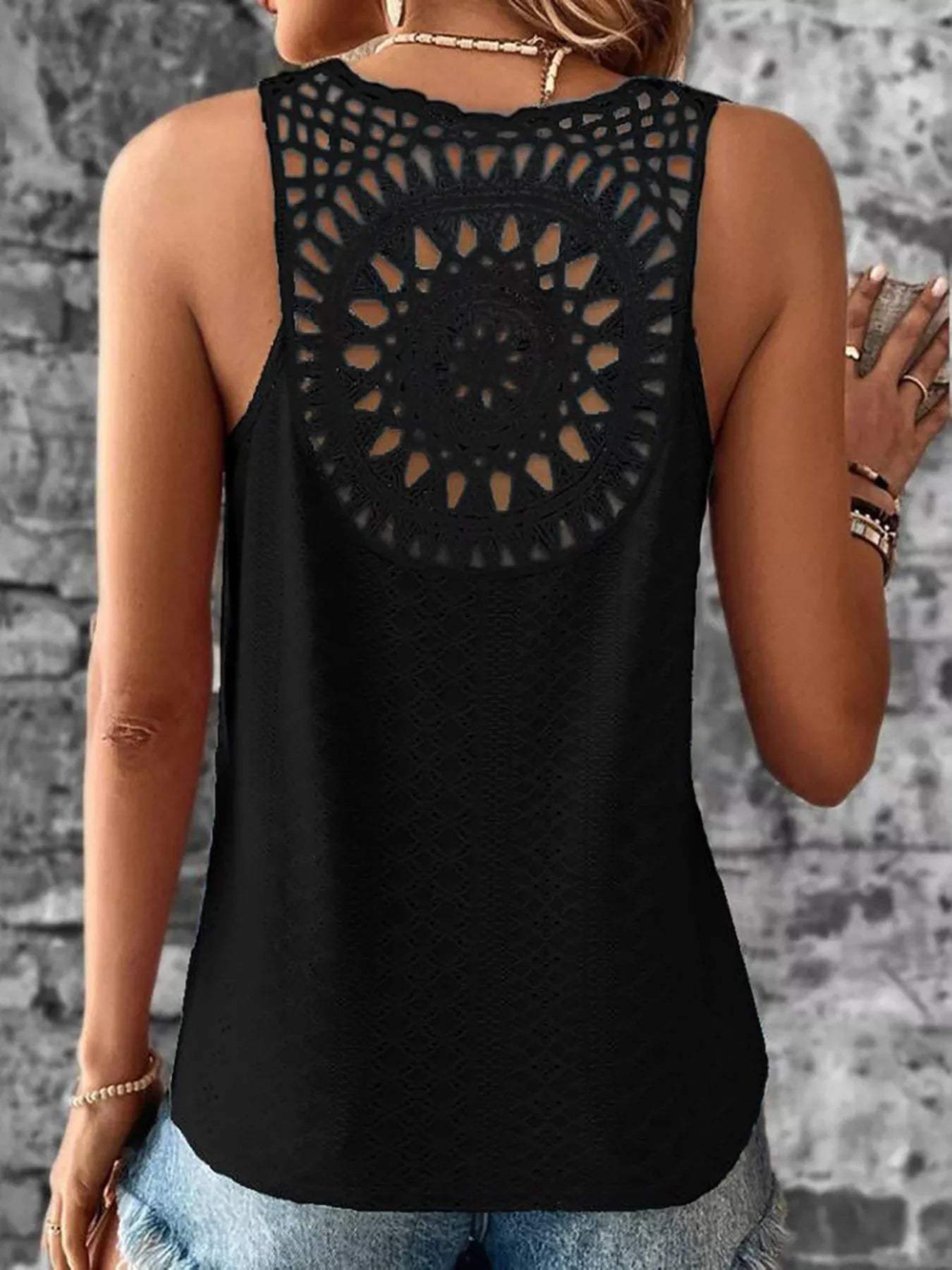 Eyelet Lace Trim V-Neck Tank Top - Trendsi - Flyclothing LLC