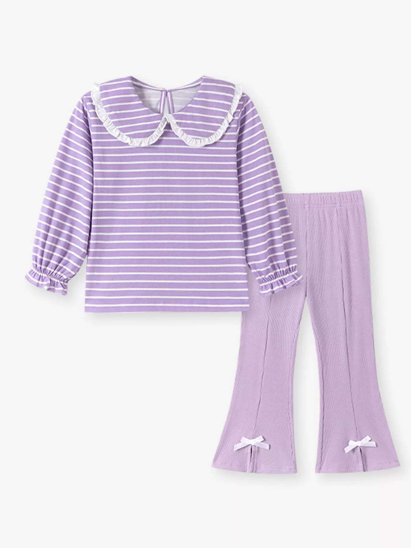 Children's Striped Ruffle Collar Top and Bow Flare Pants Set - Trendsi - Flyclothing LLC