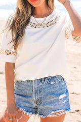 Lace Crochet Crew Neck Casual T Shirt - Trendsi - Flyclothing LLC