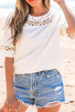 Lace Crochet Crew Neck Casual T Shirt - Trendsi