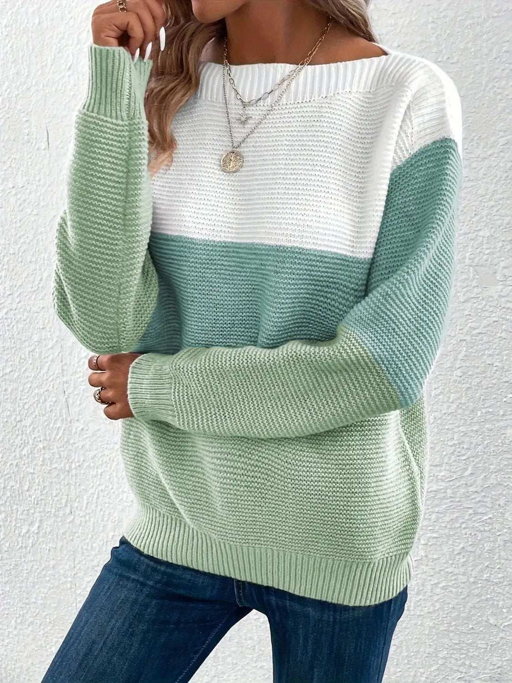 Color Block Boat Neck Sweater - Trendsi - Flyclothing LLC