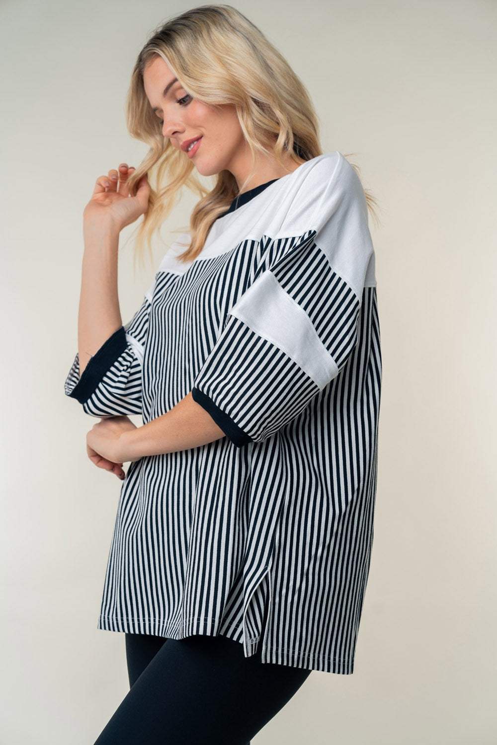 White Birch Full Size Striped Contrast Round Neck Top - Trendsi - Flyclothing LLC