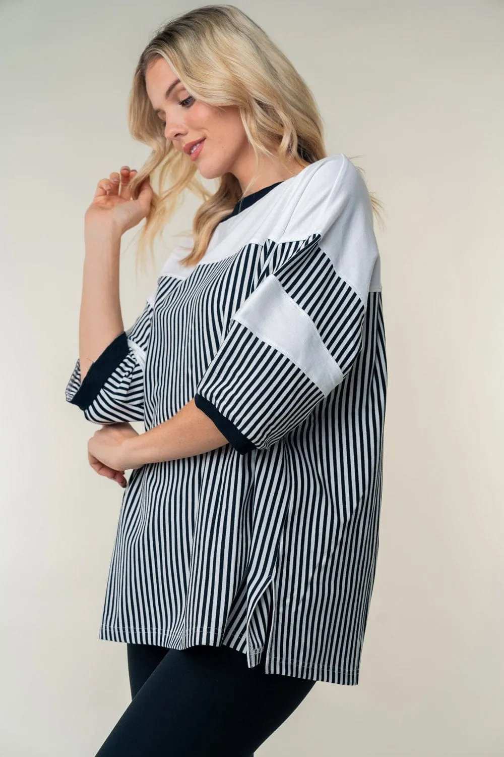 White Birch Full Size Striped Contrast Round Neck Top - Trendsi - Flyclothing LLC