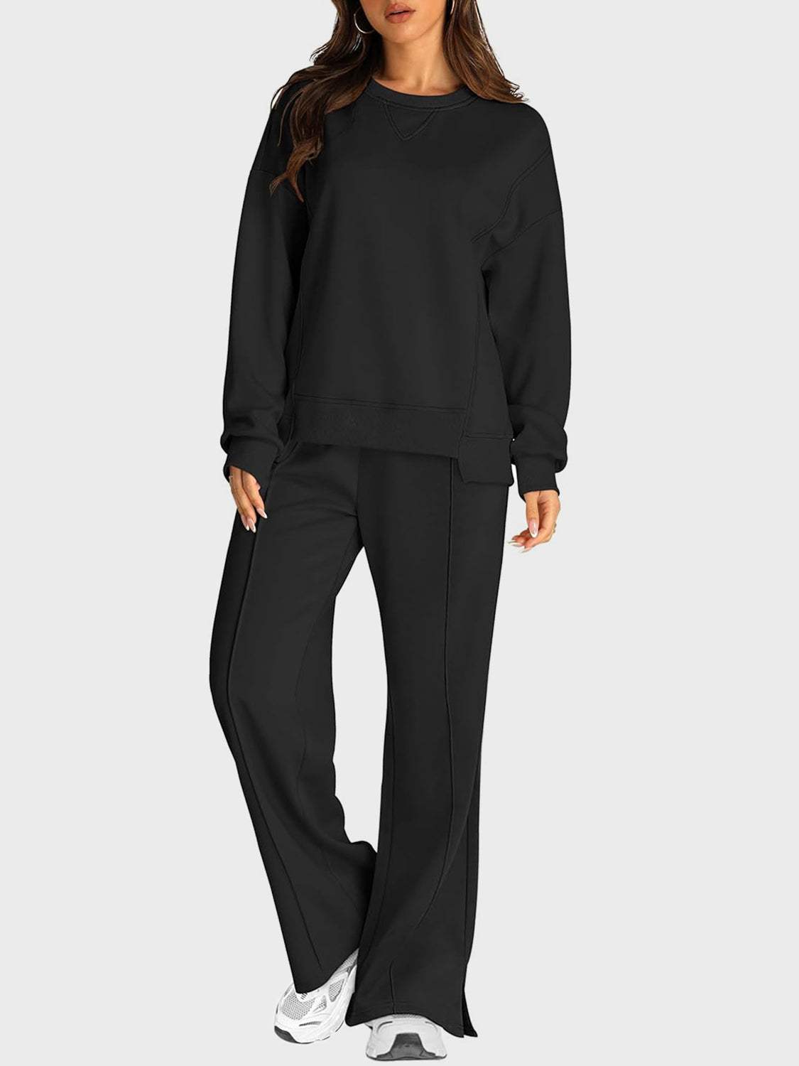 Round Neck Long Sleeve Top and Slit Pants Set - Trendsi - Flyclothing LLC