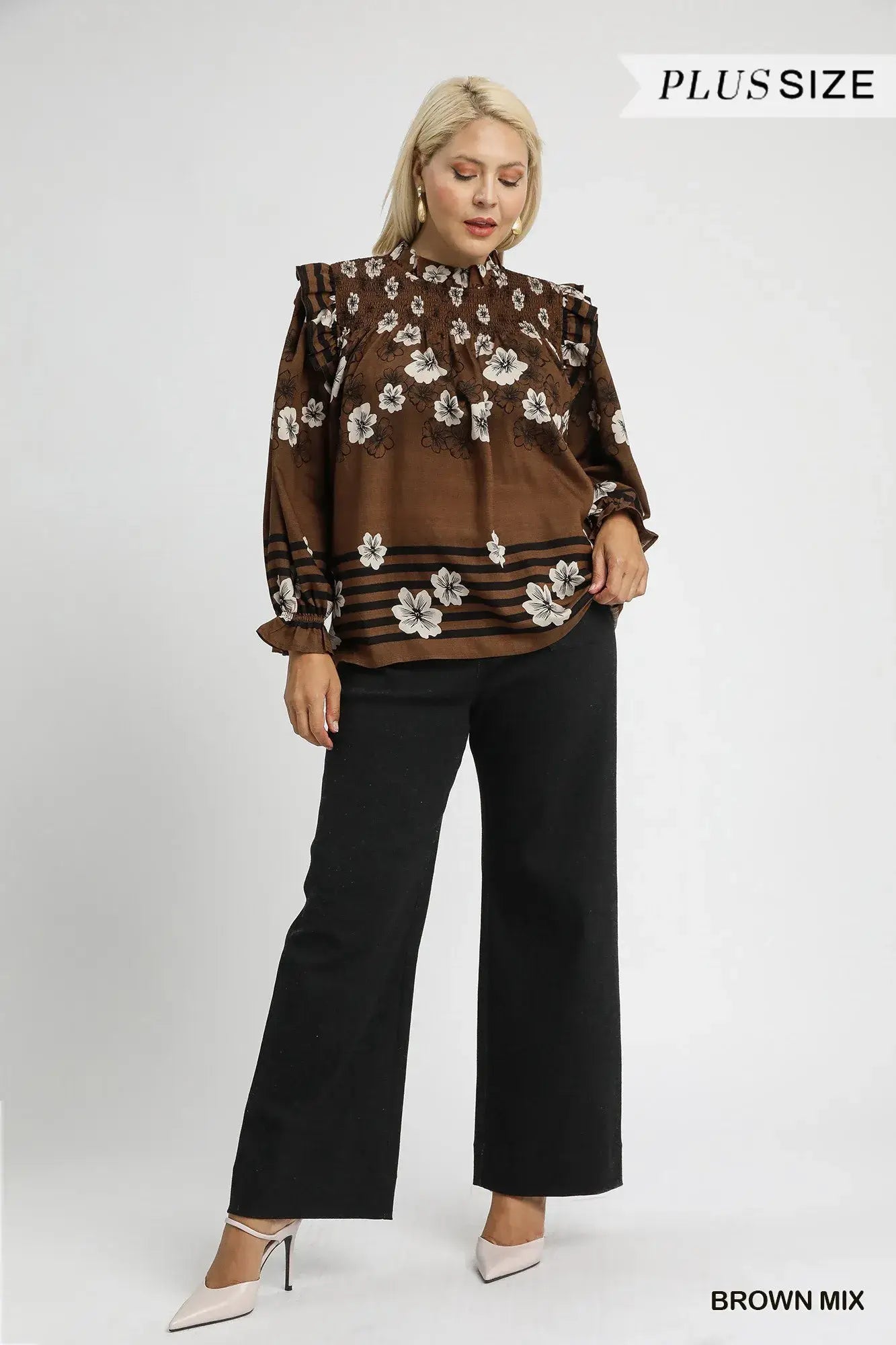 Umgee Full Size Mix Floral Smocked Ruffle Blouse Plus Size - Trendsi - Flyclothing LLC