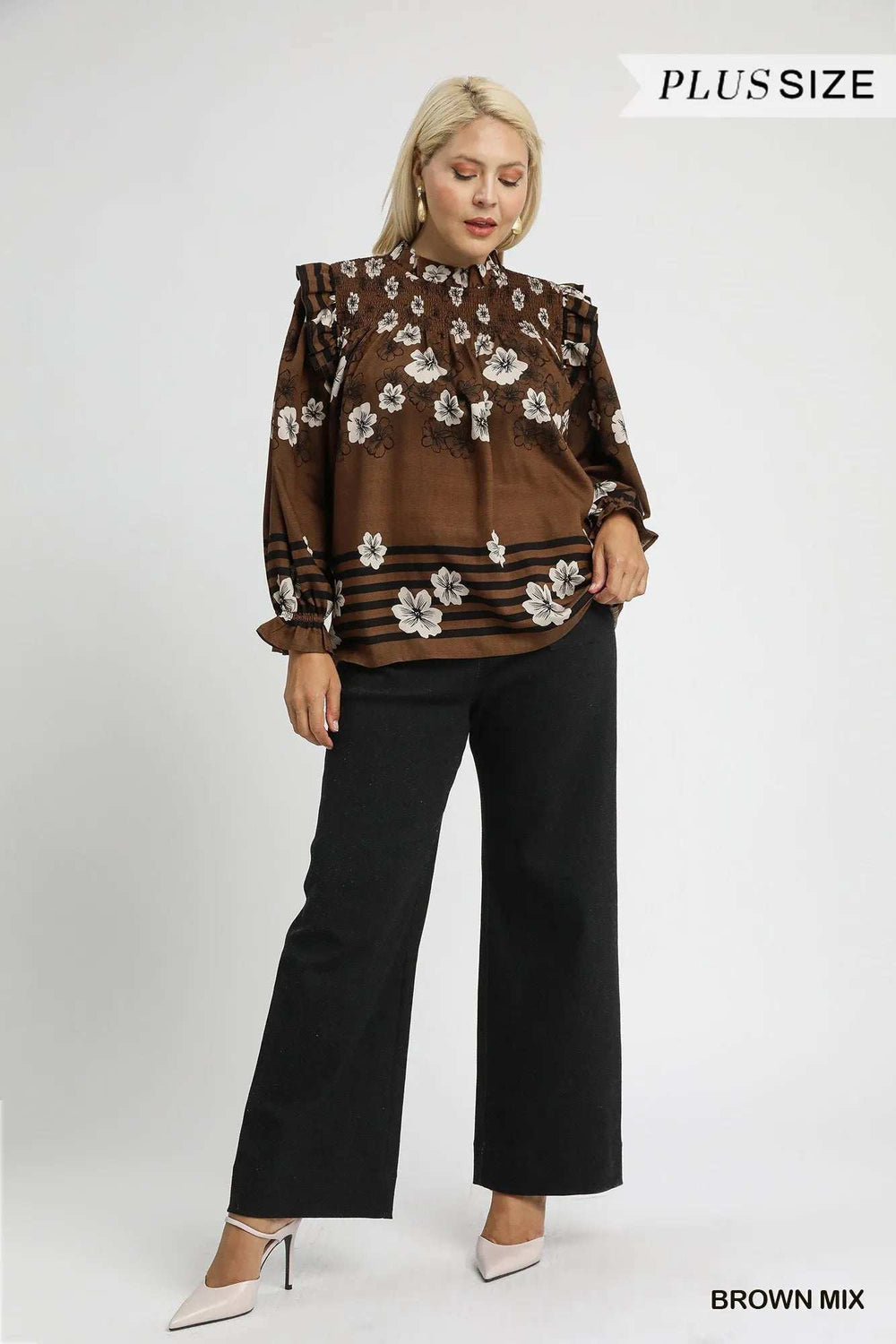 Umgee Full Size Mix Floral Smocked Ruffle Blouse Plus Size - Trendsi - Flyclothing LLC